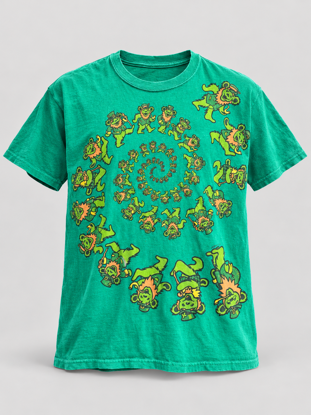 AI-edited studio view of green spiral dancing bear graphic tee