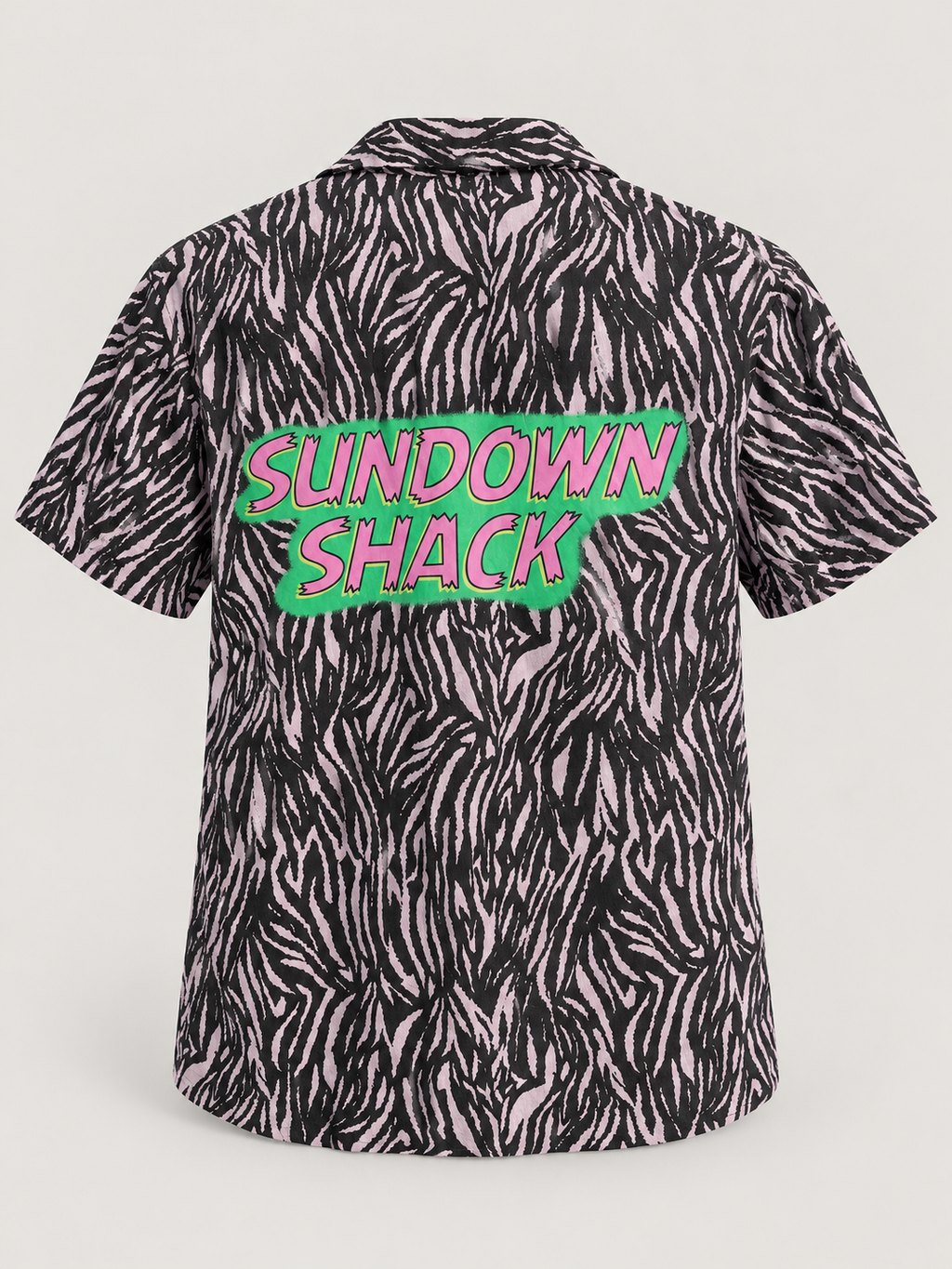 AI-edited studio view of sundown shack zebra print button-up