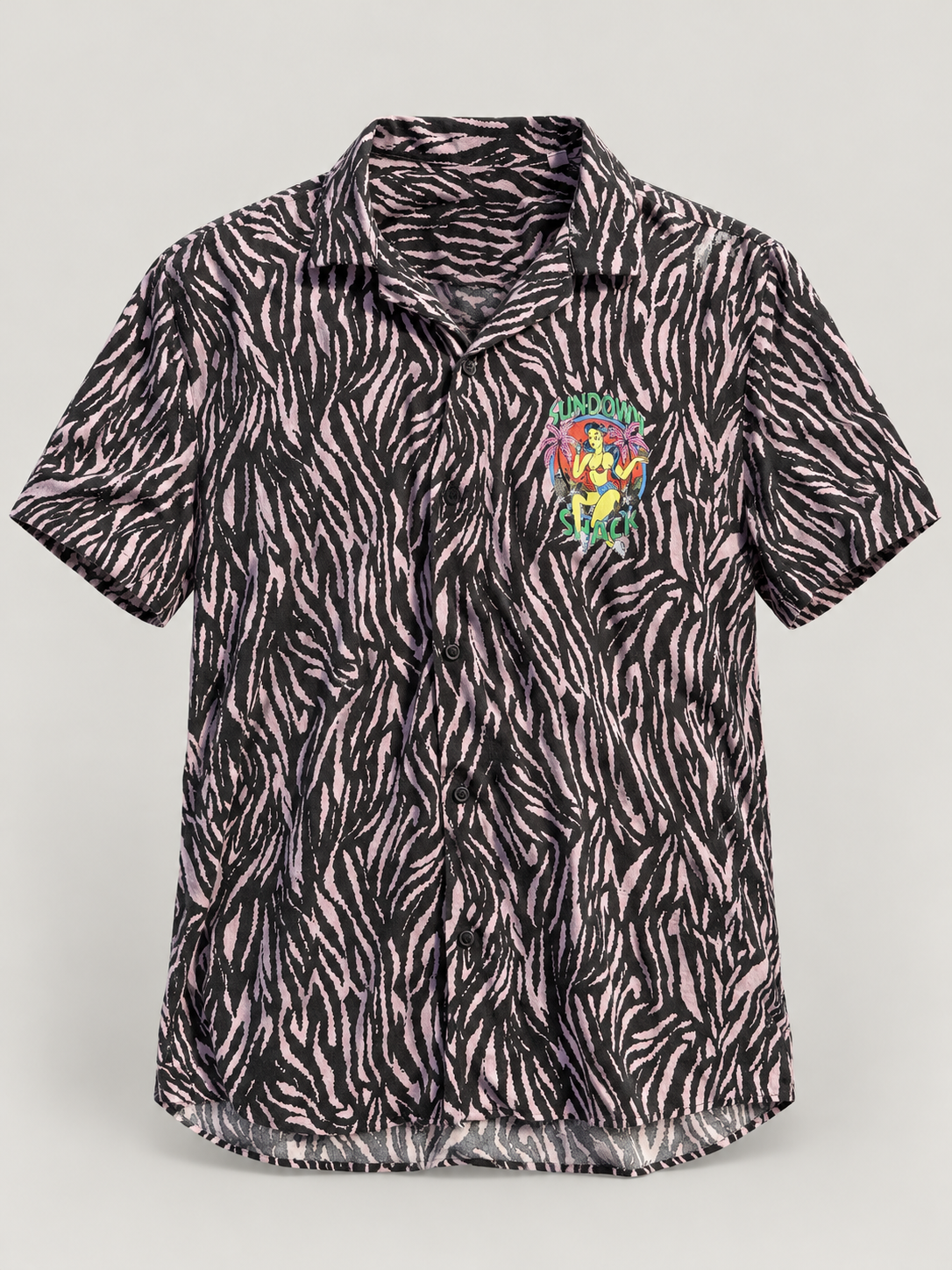 AI-edited studio view of sundown shack zebra print button-up
