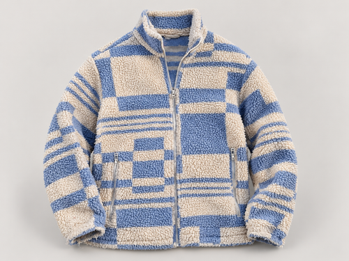 AI-edited studio view of blue & cream geometric sherpa jacket